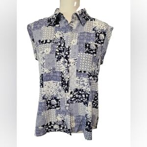 Pleione Blue and White Patchwork Sleeveless Blouse Top Women's Size Smal…